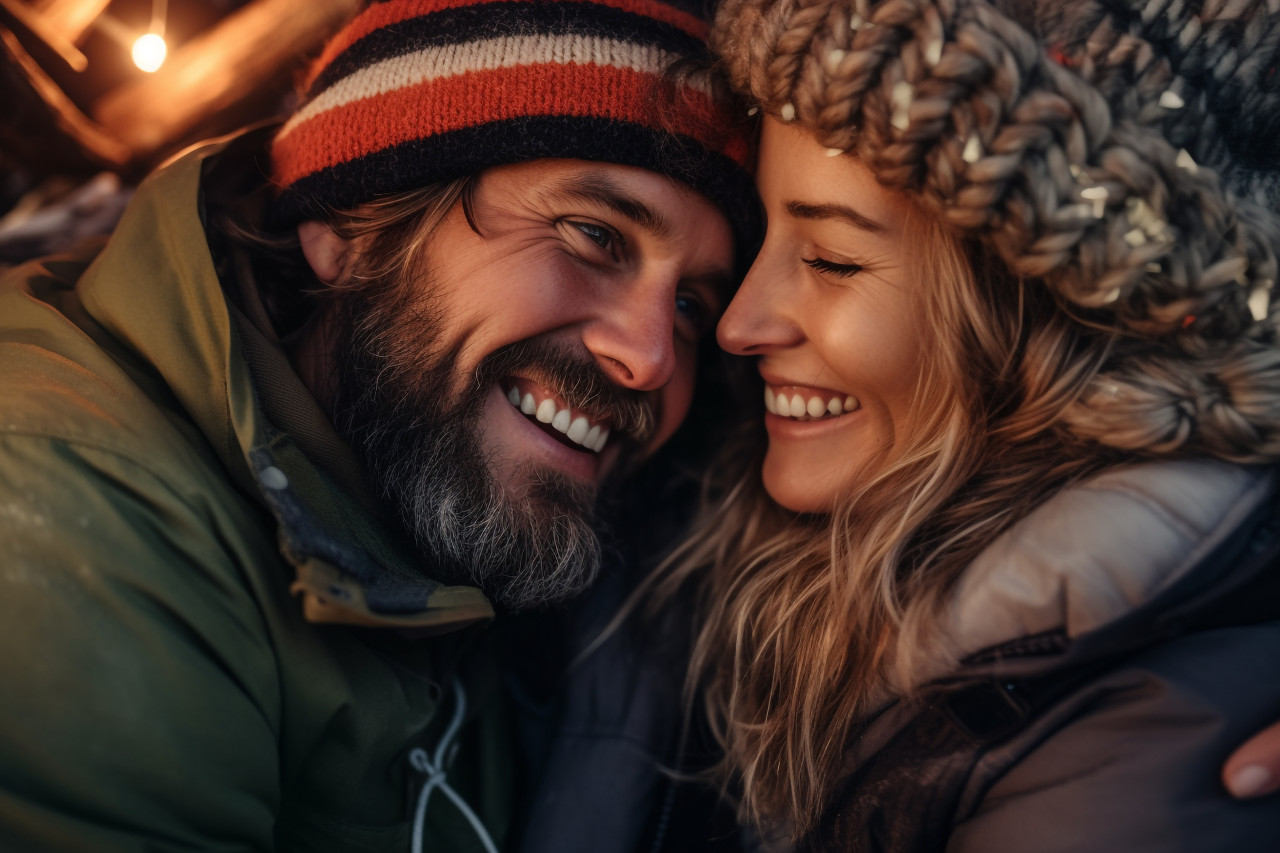 A photo of a photo of two happy and calm friends hugging and looking at each other in the christmas spirit, happy new year image hd