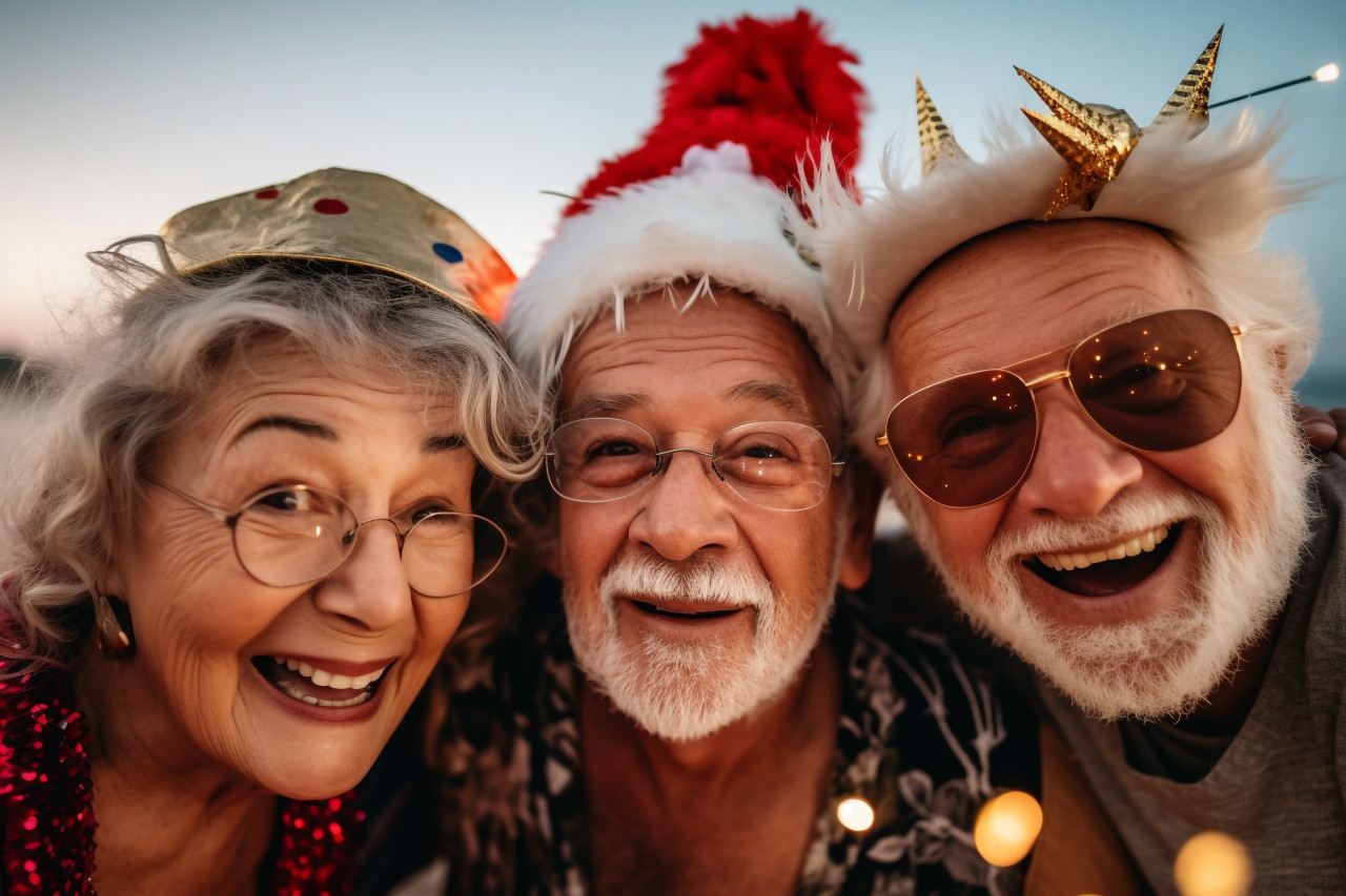 A close up photo of older people celebrating new years eve together at the beach, happy new year image hd