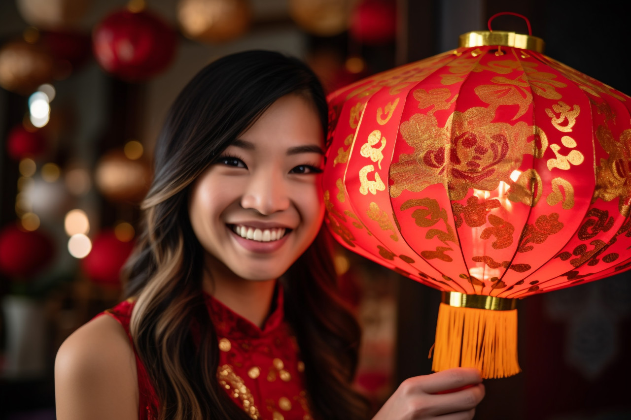 An asian girl is holding a chinese new year lantern in a decorated apartment, happy new year image hd