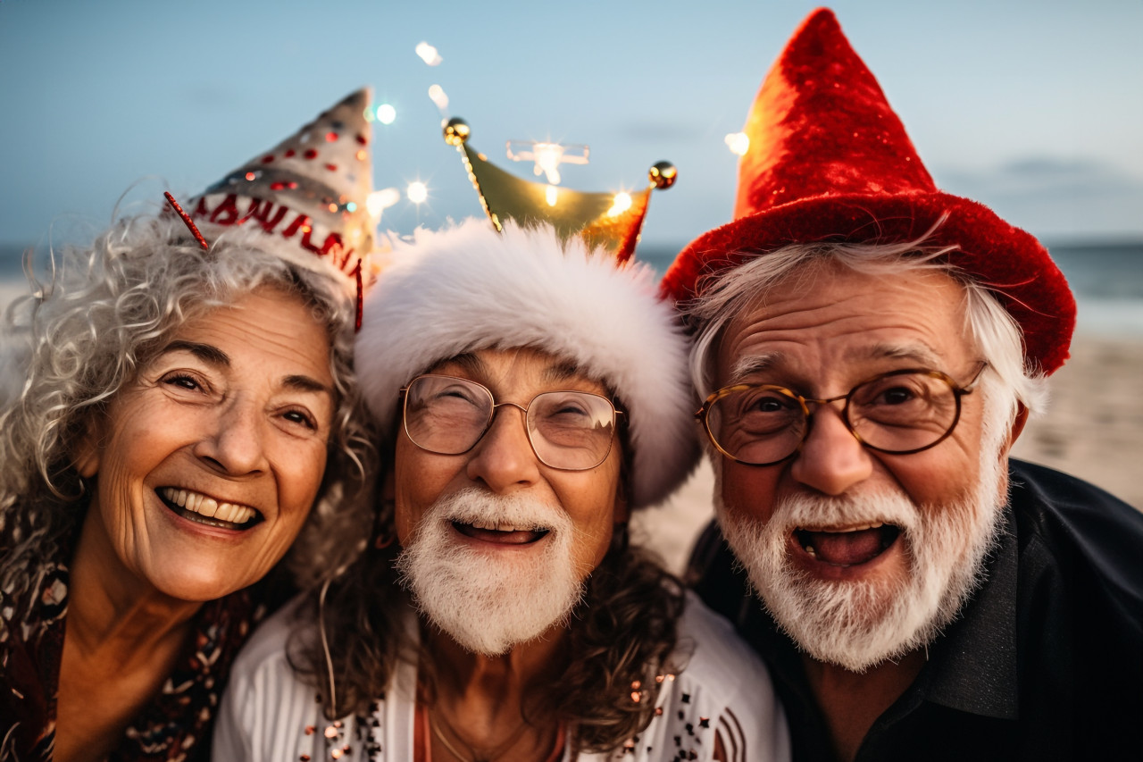 A close up photo of older people celebrating new years eve together at the beach, happy new year image hd