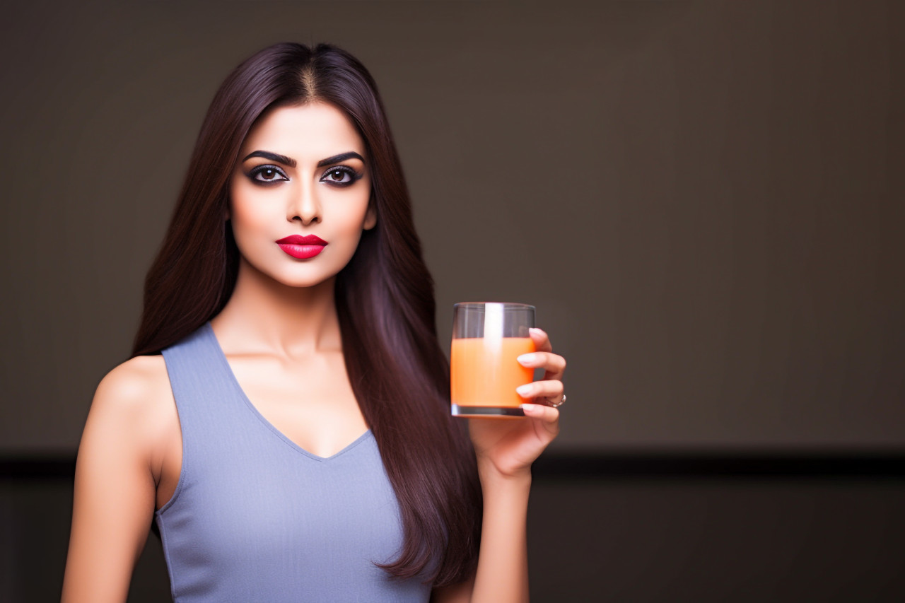 Photo of a beautiful healthy and slim indian woman drinking orange juice, food and drink at home image