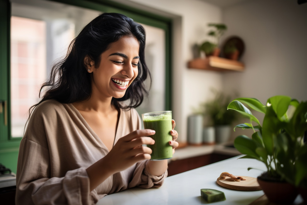 A picture of a happy young indian woman on her smartphone while drinking a healthy smoothie at home in the morning, food and drink at home image