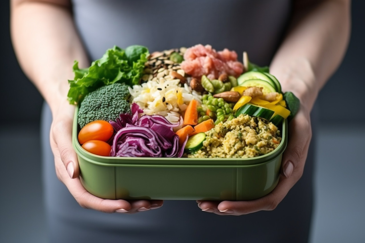 Picture of a womans hand holding a lunchbox with healthy food on a table, food and drink at home image