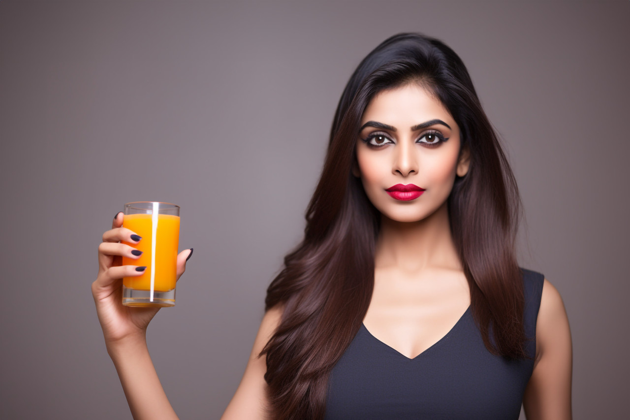 Photo of a beautiful healthy and slim indian woman drinking orange juice, food and drink at home image