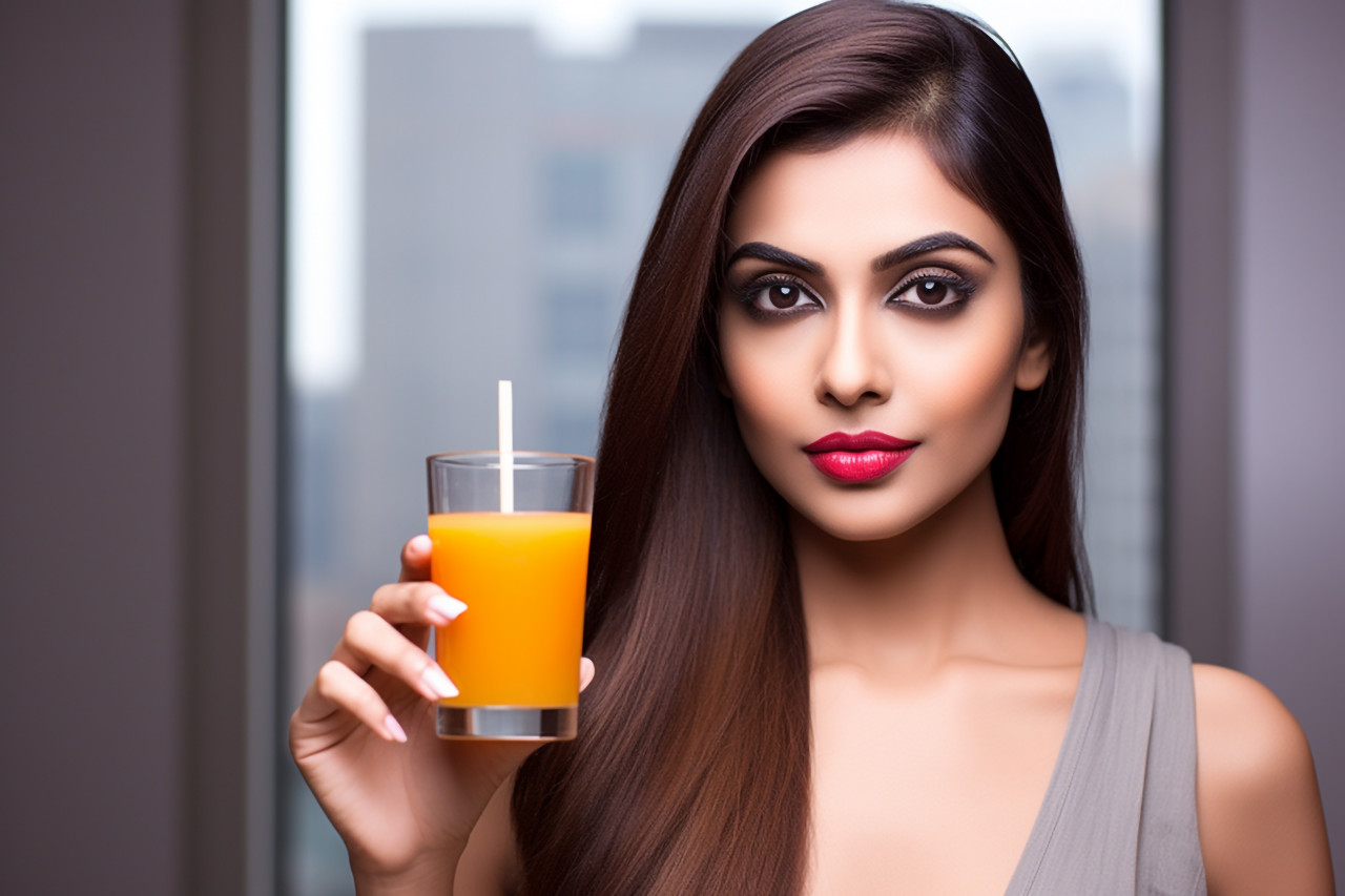 Photo of a beautiful healthy and slim indian woman drinking orange juice, food and drink at home image