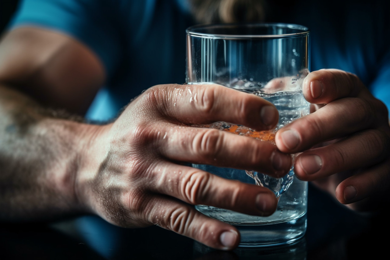 A close up photo of a strong mans hands pouring clear water into a glass, food and drink at home photo