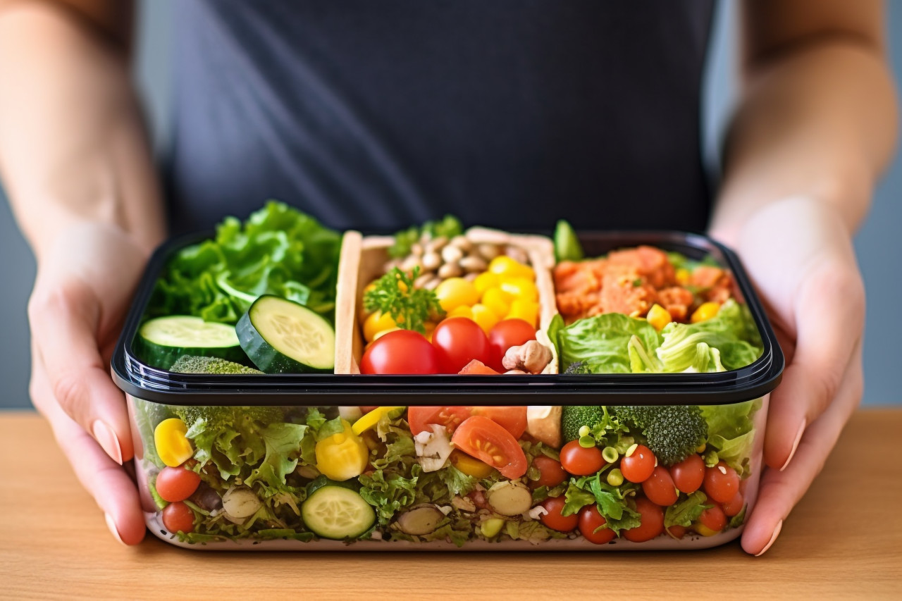 Picture of a womans hand holding a lunchbox with healthy food on a table, food and drink at home image
