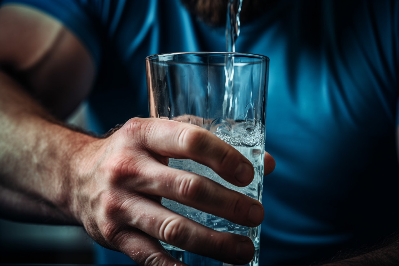 A close up photo of a strong mans hands pouring clear water into a glass, food and drink at home photo
