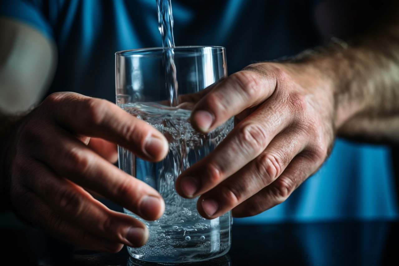 A close up photo of a strong mans hands pouring clear water into a glass, food and drink at home photo