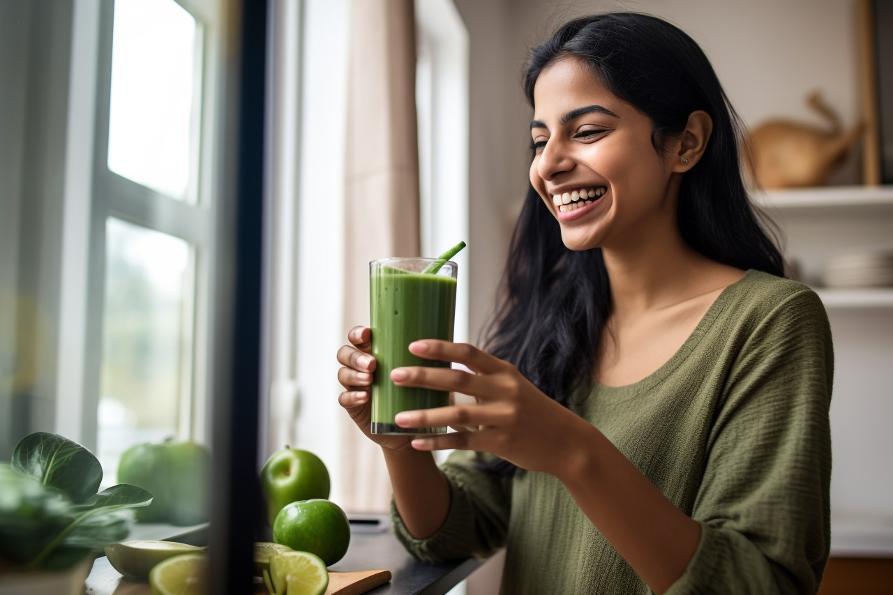 A picture of a happy young indian woman on her smartphone while drinking a healthy smoothie at home in the morning, food and drink at home image