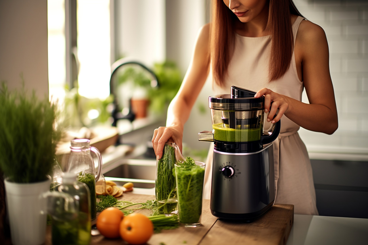 A picture of a woman using a juicer to make green juice in her kitchen, food and drink at home photo