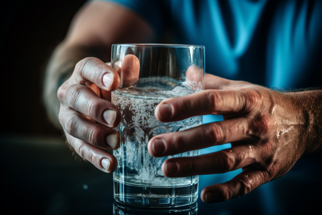 A close up photo of a strong mans hands pouring clear water into a glass, food and drink at home photo