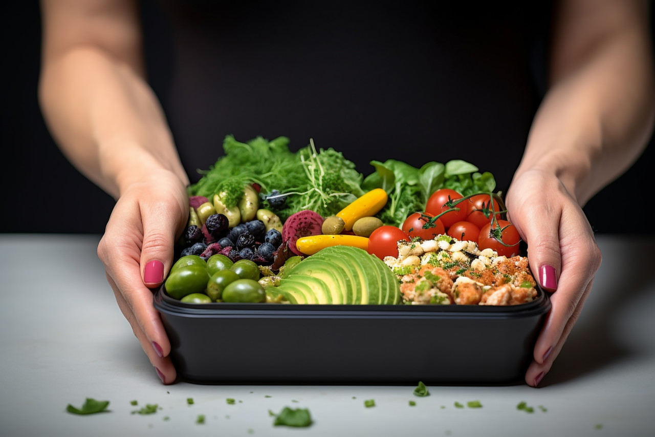 Picture of a womans hand holding a lunchbox with healthy food on a table, food and drink at home image