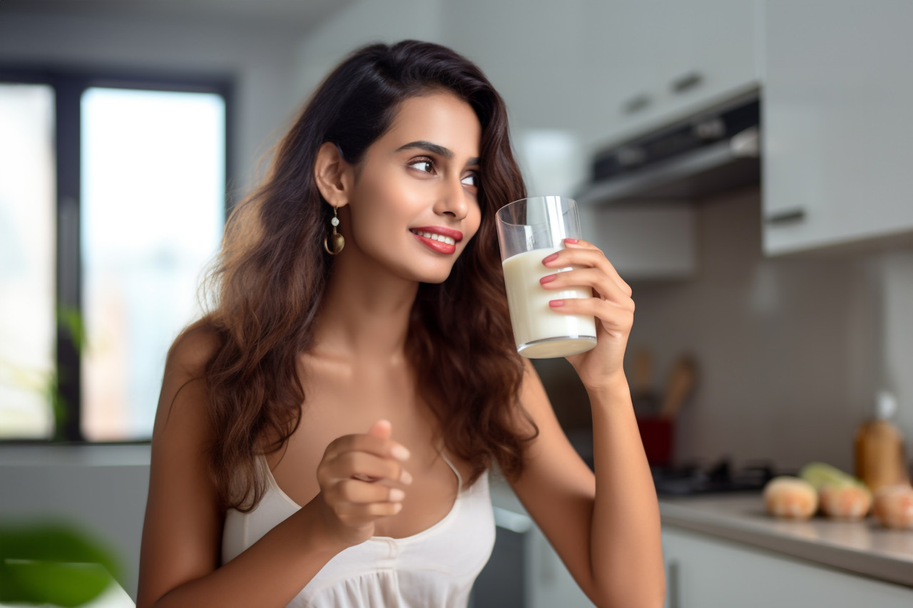 A photo of a beautiful young indian woman drinking milk at home, food and drink at home photo