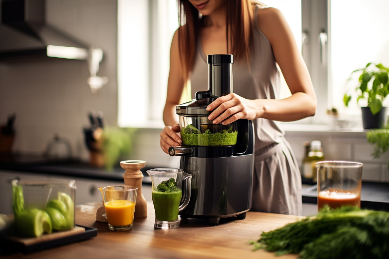 A picture of a woman using a juicer to make green juice in her kitchen, food and drink at home photo