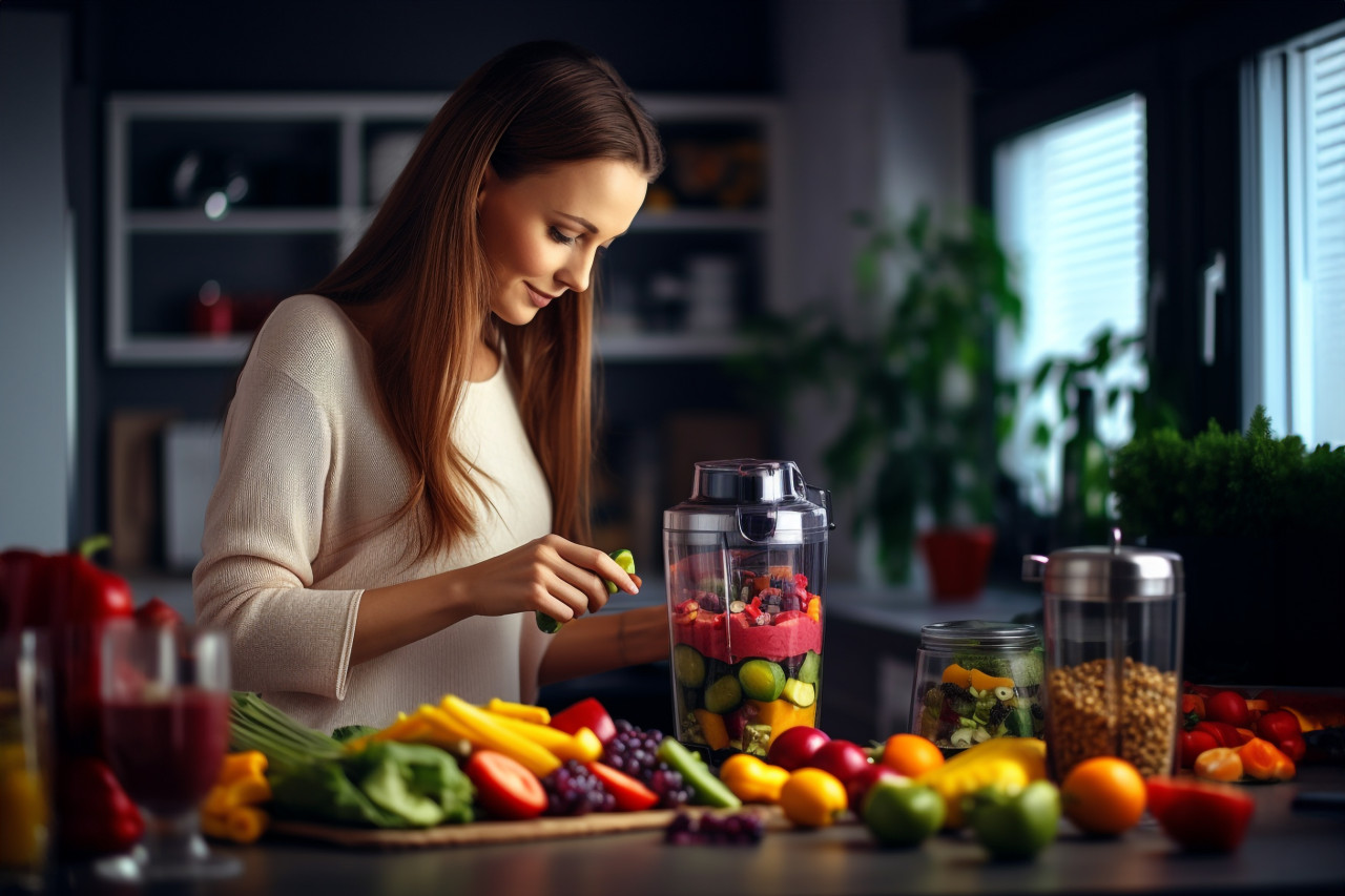 Picture of a pretty lady making fruit drinks with a blender, food and drink at home image