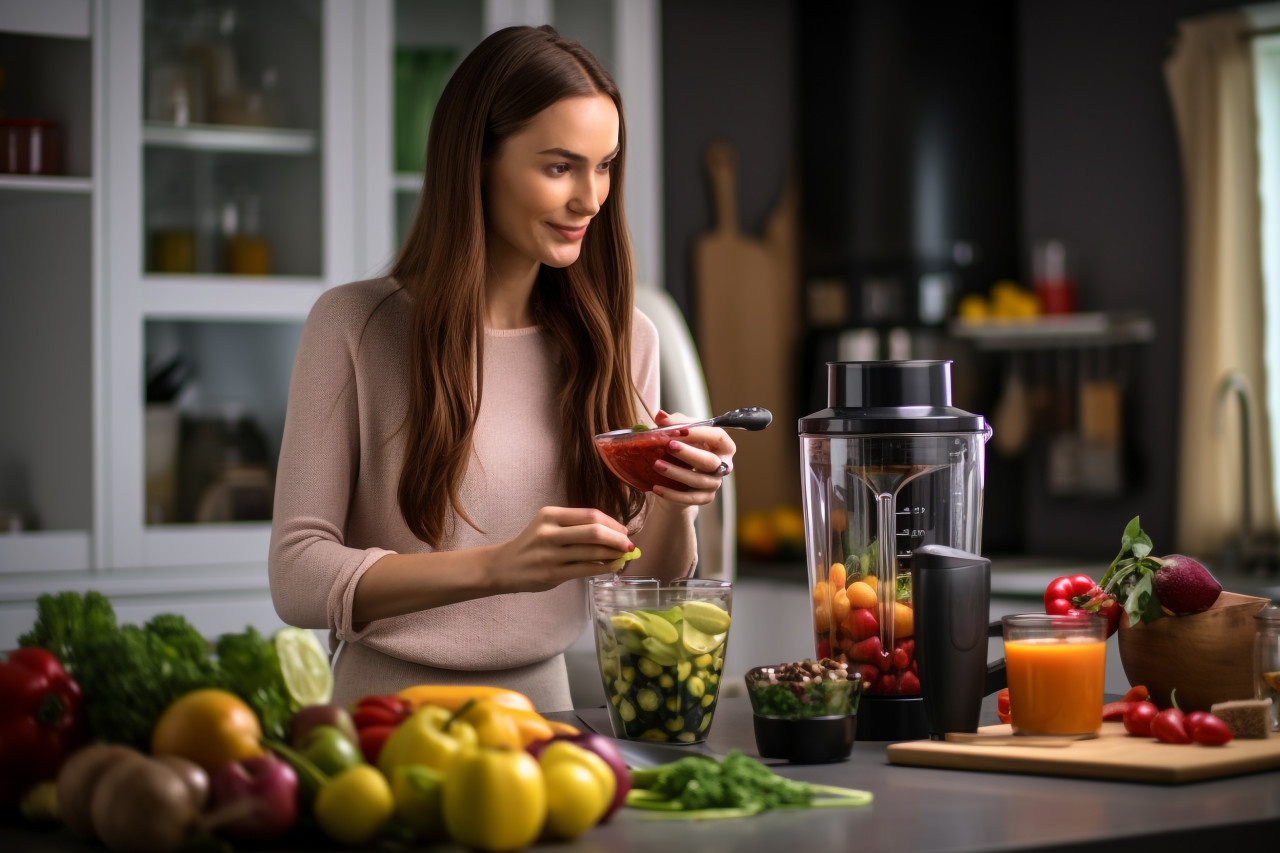 Picture of a pretty lady making fruit drinks with a blender, food and drink at home image