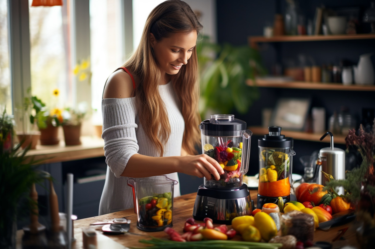 Picture of a pretty lady making fruit drinks with a blender, food and drink at home image