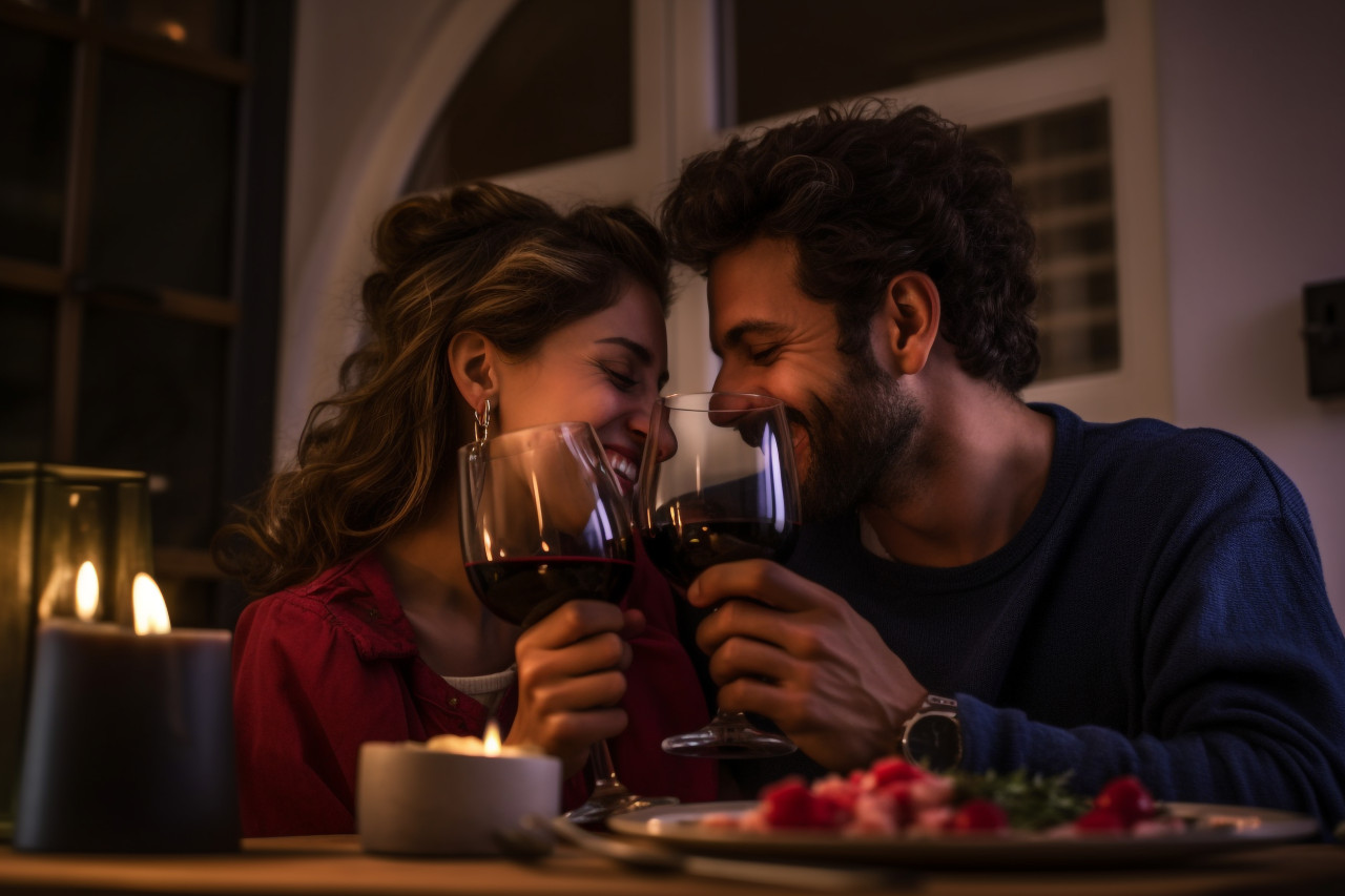 A picture of two people in love eating dinner together at their house, food and drink at home image