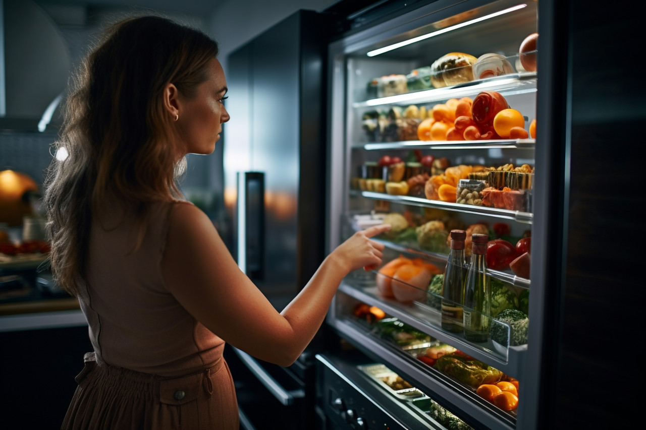 A picture of a young lady standing next to an open fridge in a kitchen, food and drink at home image