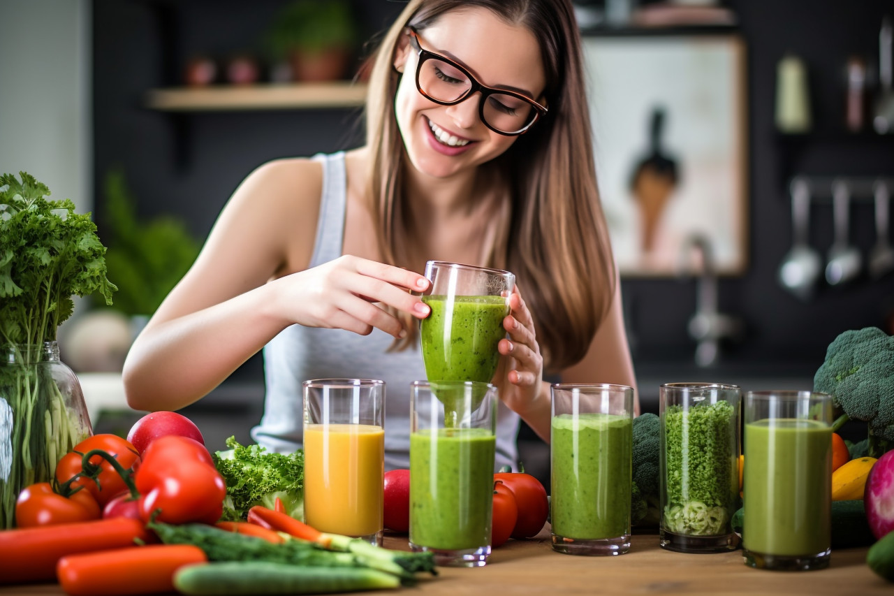A picture of a joyful young woman with glasses pouring fresh vegetable smoothies made from different vegetables on her kitchen counter, food and drink at home photo