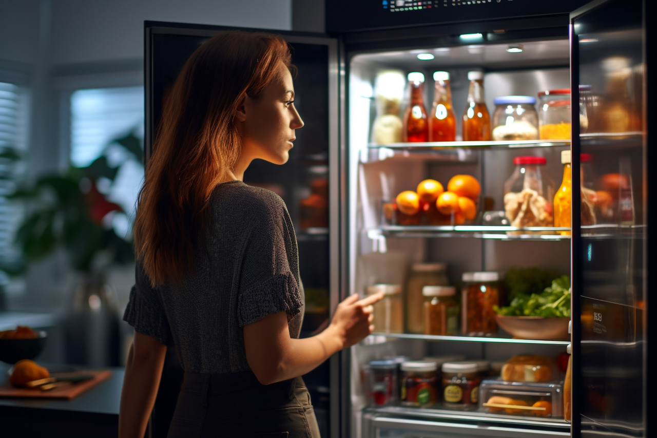 A picture of a young lady standing next to an open fridge in a kitchen, food and drink at home image