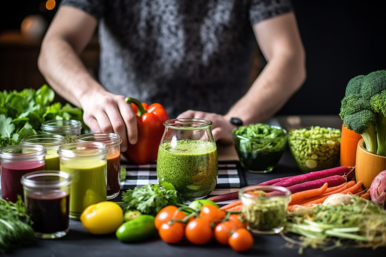 A picture of a joyful young woman with glasses pouring fresh vegetable smoothies made from different vegetables on her kitchen counter, food and drink at home photo