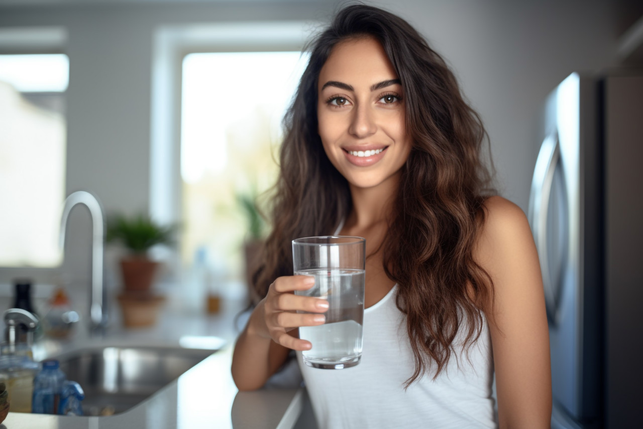 A photo of a young beautiful latina woman holding a glass of clean water in the kitchen, food and drink at home photo