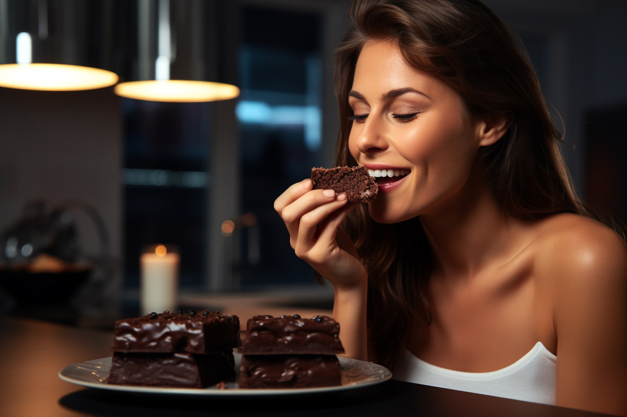A picture of a pretty young lady eating chocolate in the kitchen, food and drink at home photo