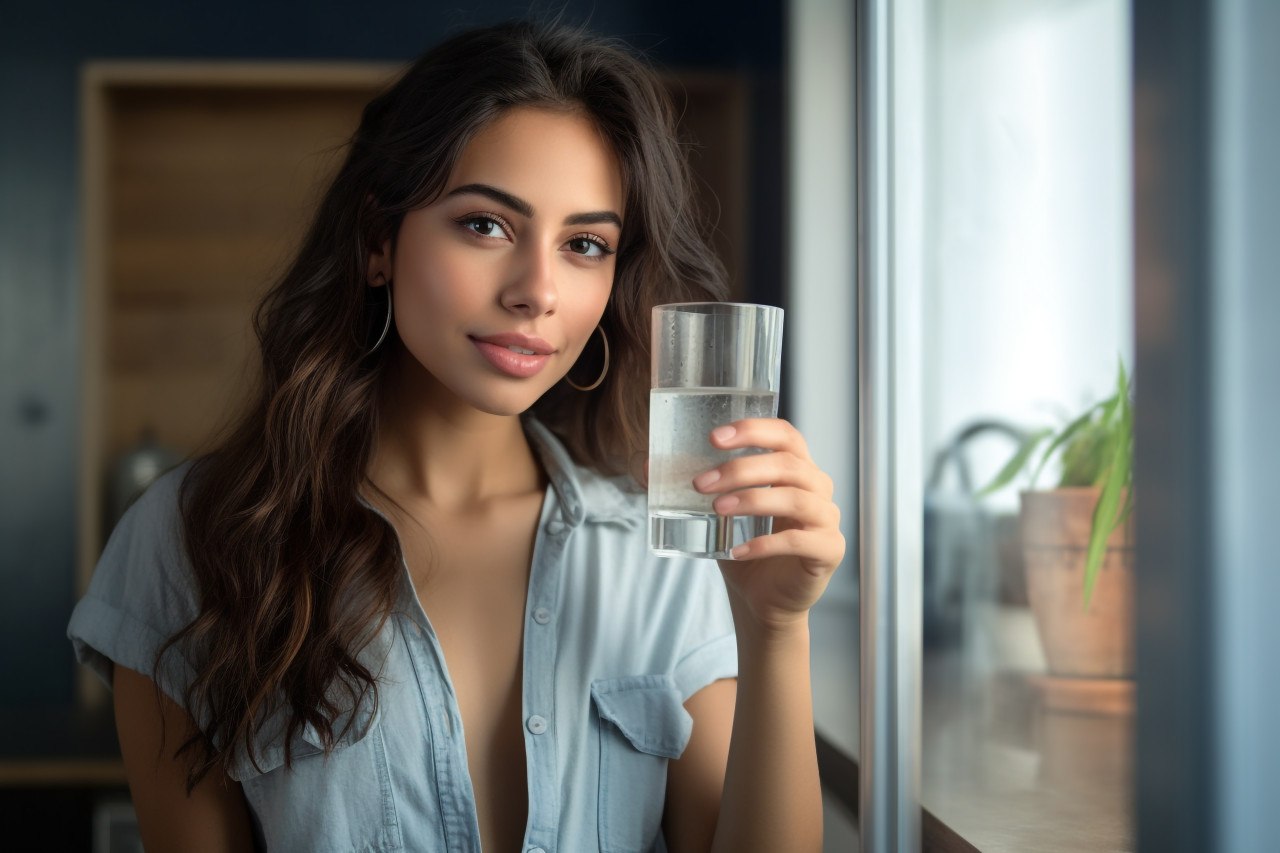 A photo of a young beautiful latina woman holding a glass of clean water in the kitchen, food and drink at home photo