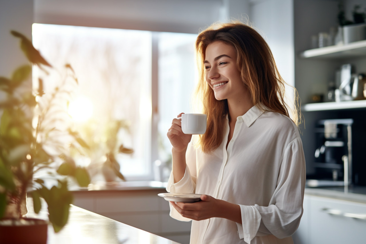 Picture of a smiling woman having a cup of tea from a glass mug, food and drink at home image