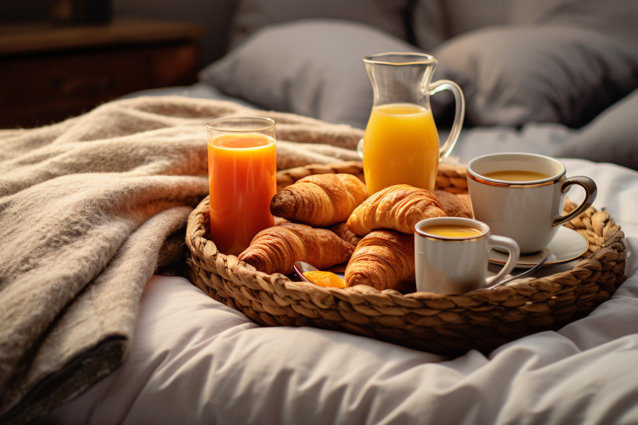 A picture of breakfast on a bed in a comfortable hotel room, food and drink at home photo