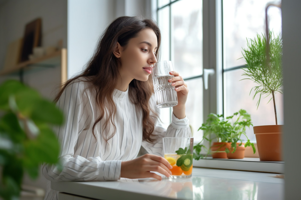 A picture of a young woman drinking water from a glass in her kitchen, food and drink at home image