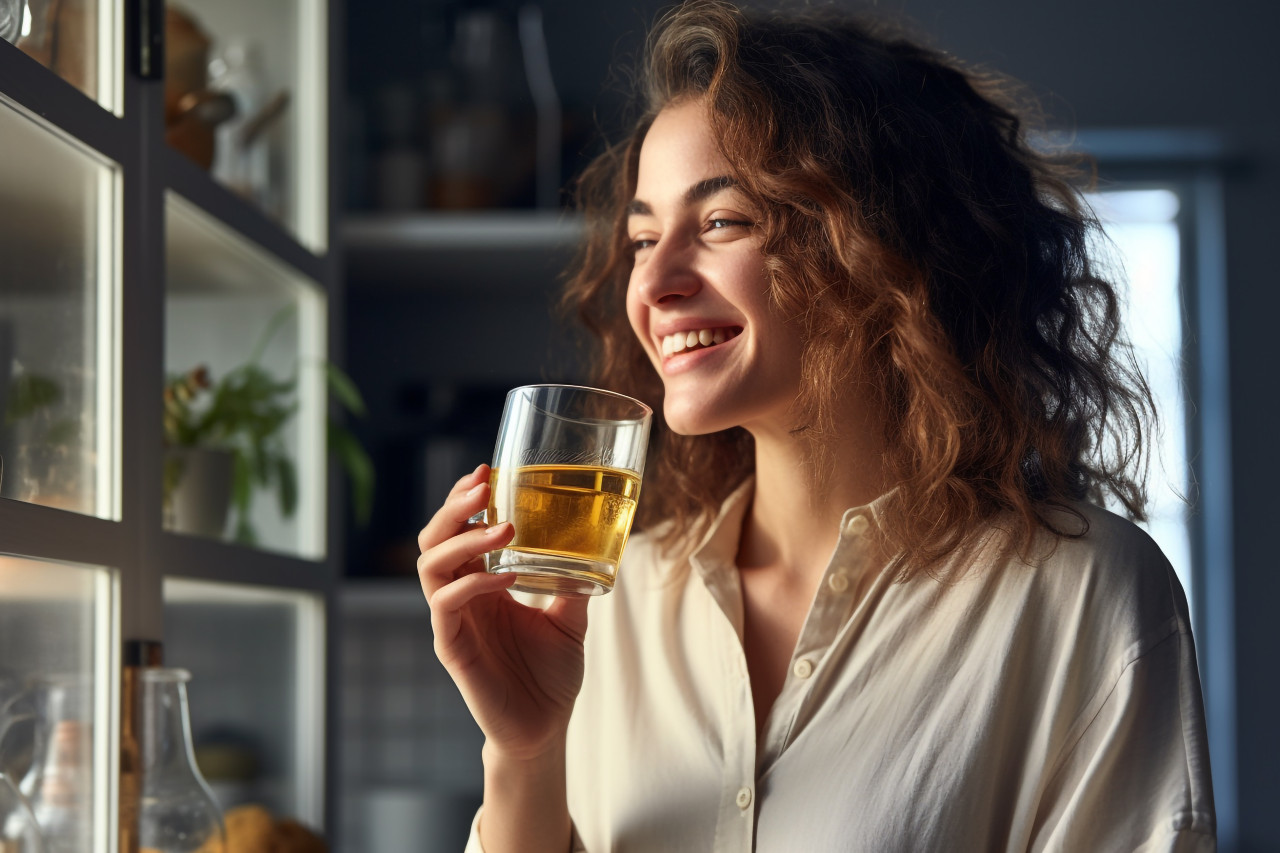 Picture of a smiling woman having a cup of tea from a glass mug, food and drink at home image