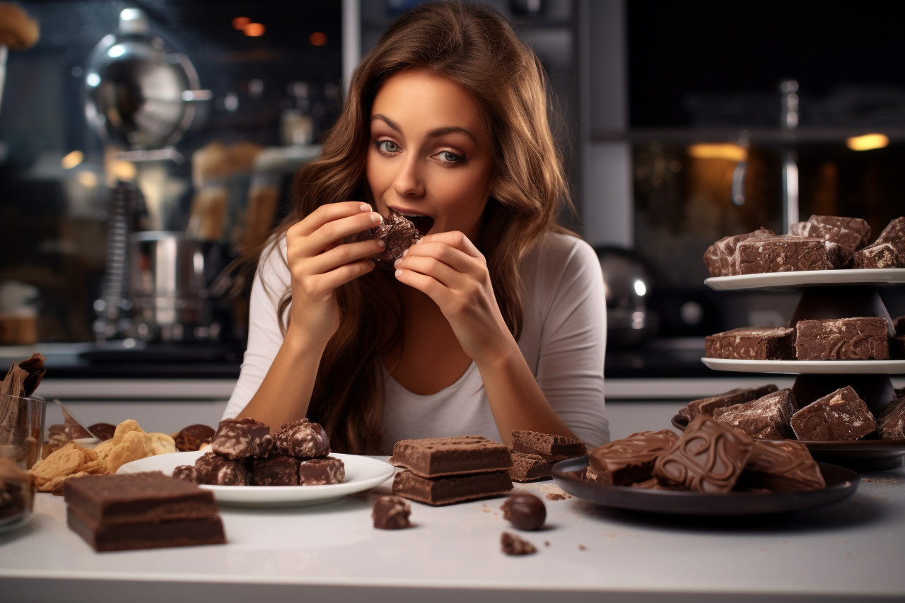 A picture of a pretty young lady eating chocolate in the kitchen, food and drink at home photo