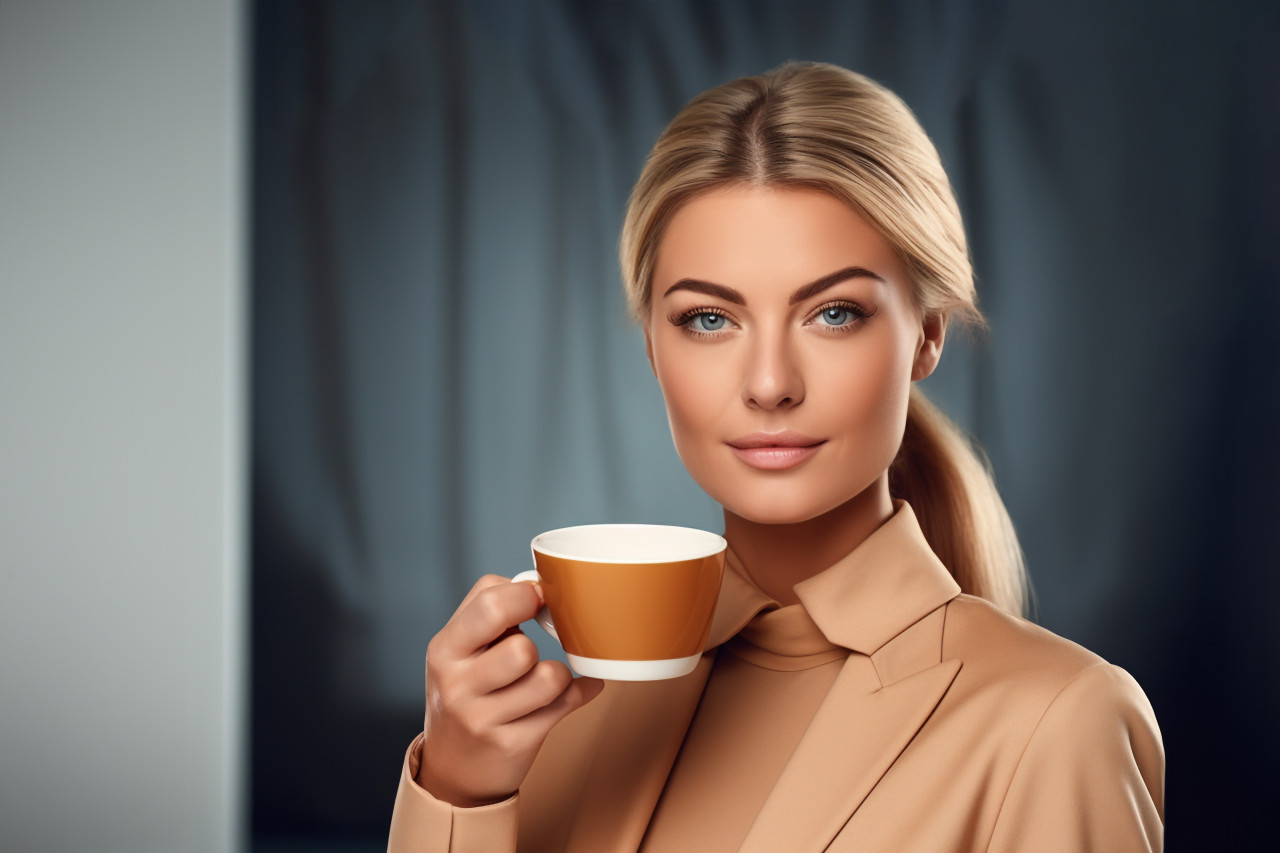 A picture of a pretty woman holding a cup of tea or coffee, food and drink at home photo