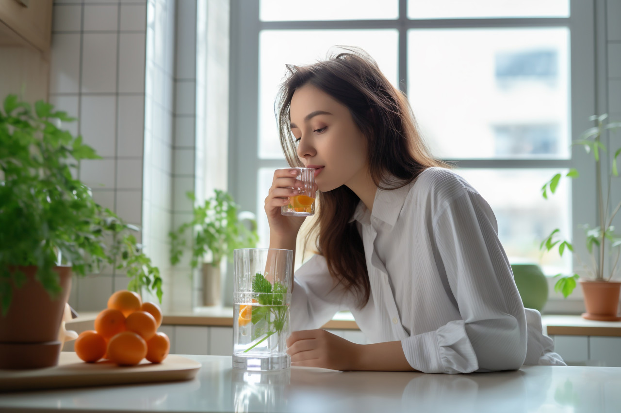A picture of a young woman drinking water from a glass in her kitchen, food and drink at home image