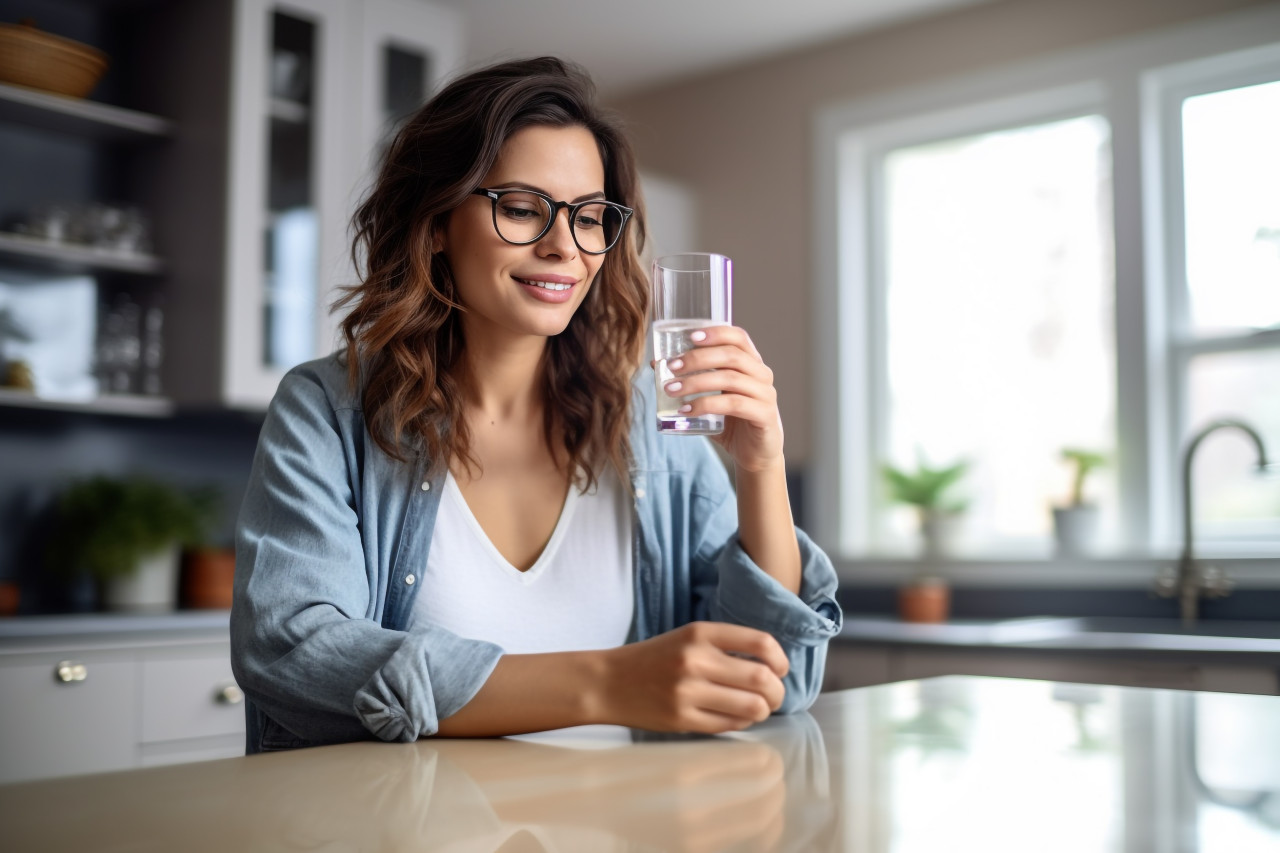 A picture of a young woman wearing glasses drinking water and using her phone in her kitchen at home, food and drink at home photo