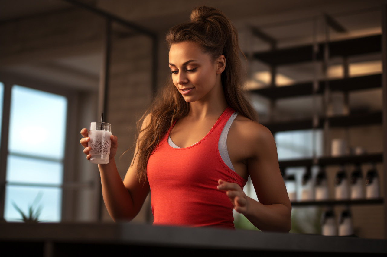 Picture of a pretty young woman in workout clothes drinking a protein shake in her kitchen, food and drink at home image