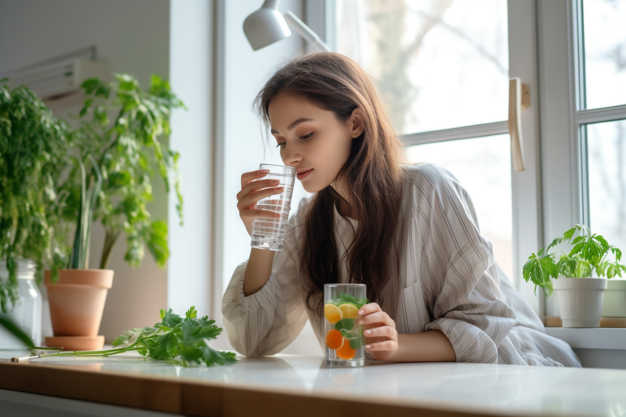 A picture of a young woman drinking water from a glass in her kitchen, food and drink at home image