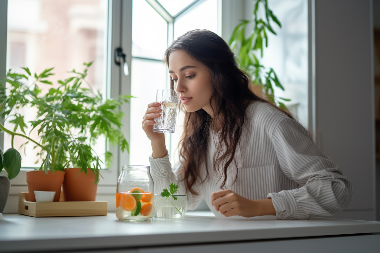 A picture of a young woman drinking water from a glass in her kitchen, food and drink at home image