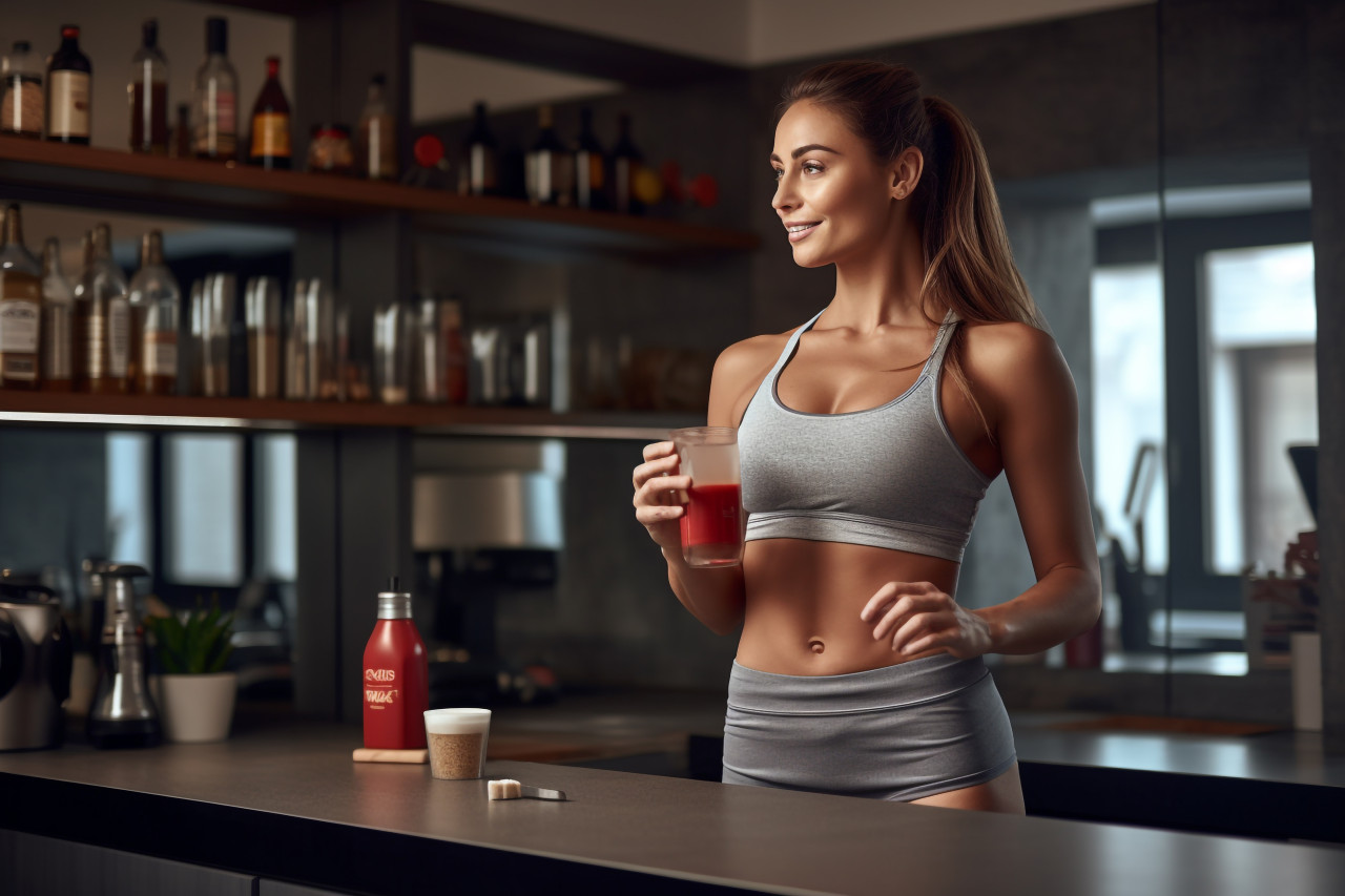 Picture of a pretty young woman in workout clothes drinking a protein shake in her kitchen, food and drink at home image