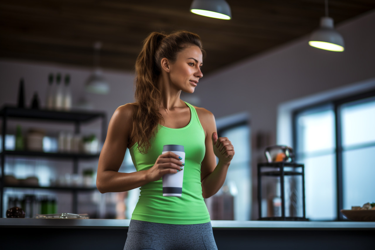 Picture of a pretty young woman in workout clothes drinking a protein shake in her kitchen, food and drink at home photo