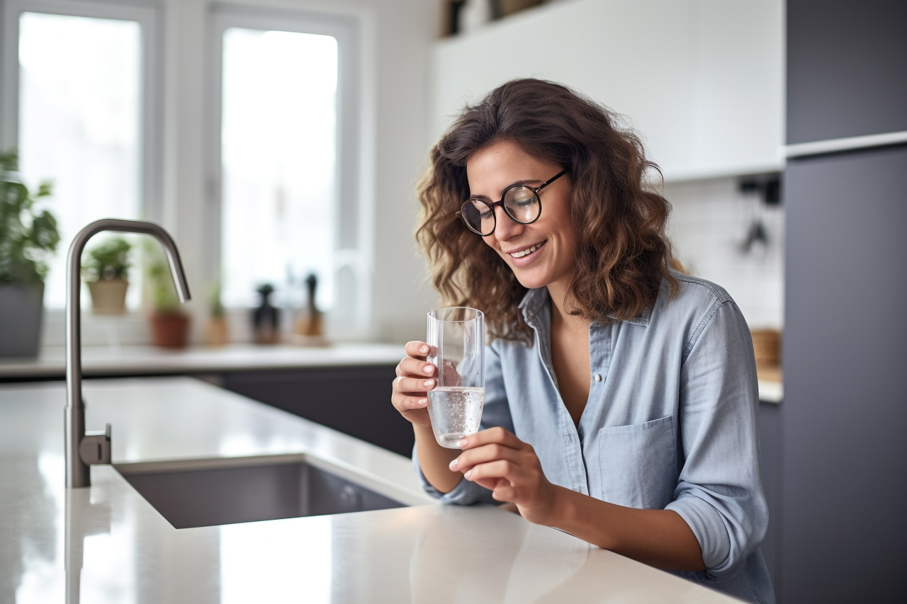 A picture of a young woman wearing glasses drinking water and using her phone in her kitchen at home, food and drink at home photo