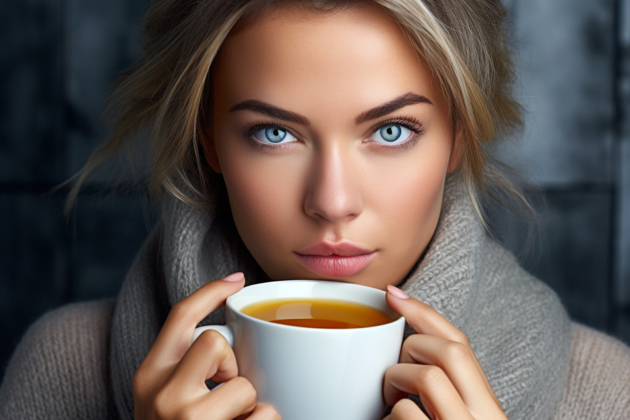 A picture of a pretty woman holding a cup of tea or coffee, food and drink at home photo