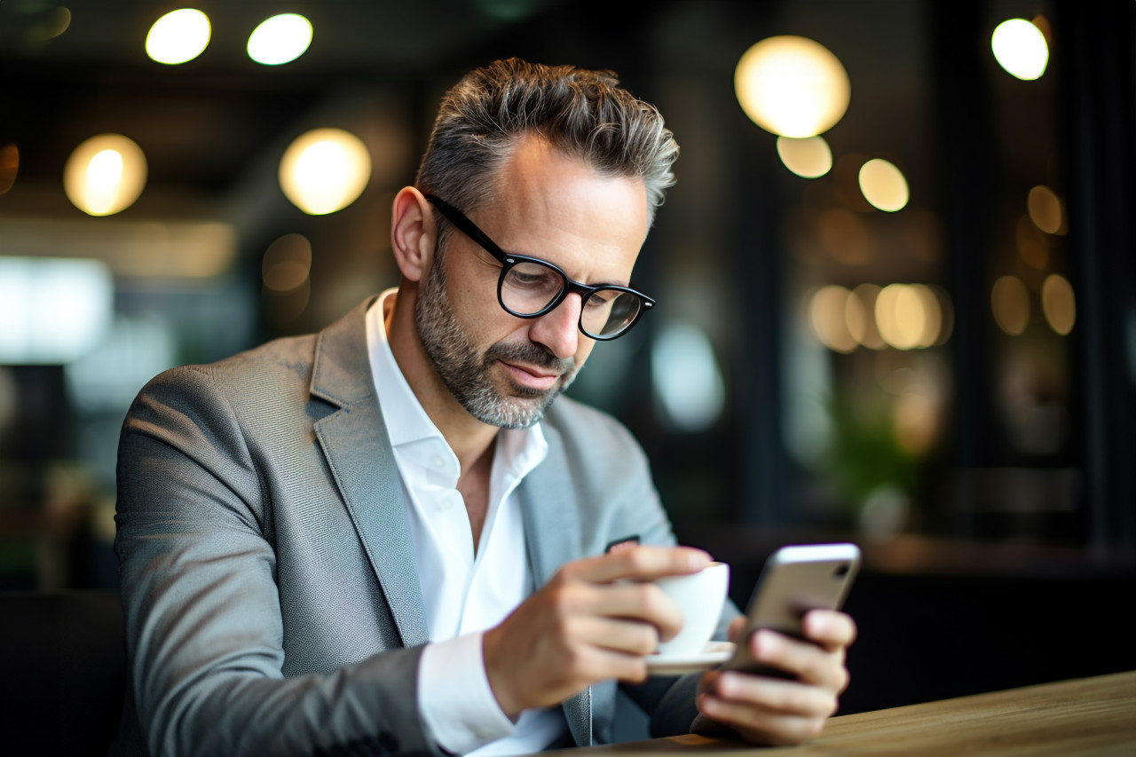 Picture of a business woman sitting in a coffee shop holding her chin in her hand and using her smartphone, food and drink at home photo