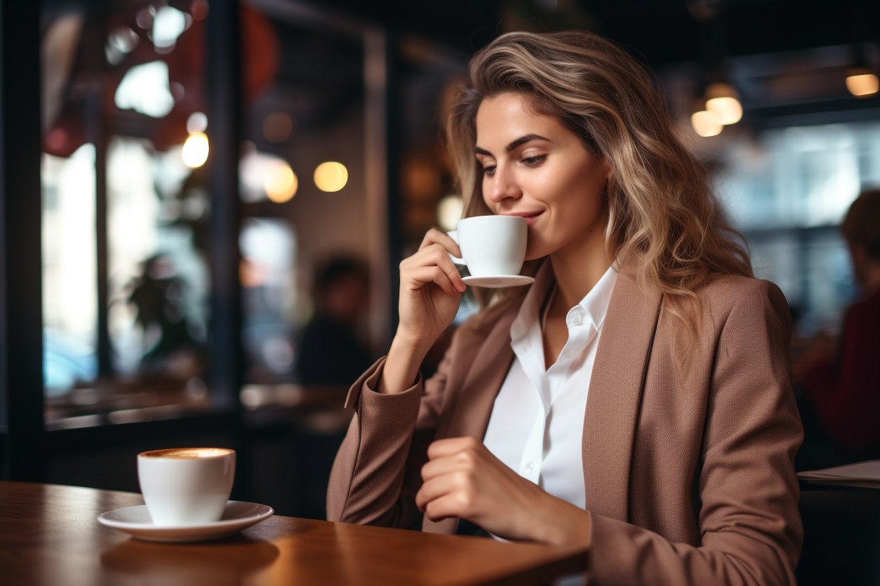 Picture of a business woman sitting in a coffee shop holding her chin in her hand and using her smartphone, food and drink at home photo