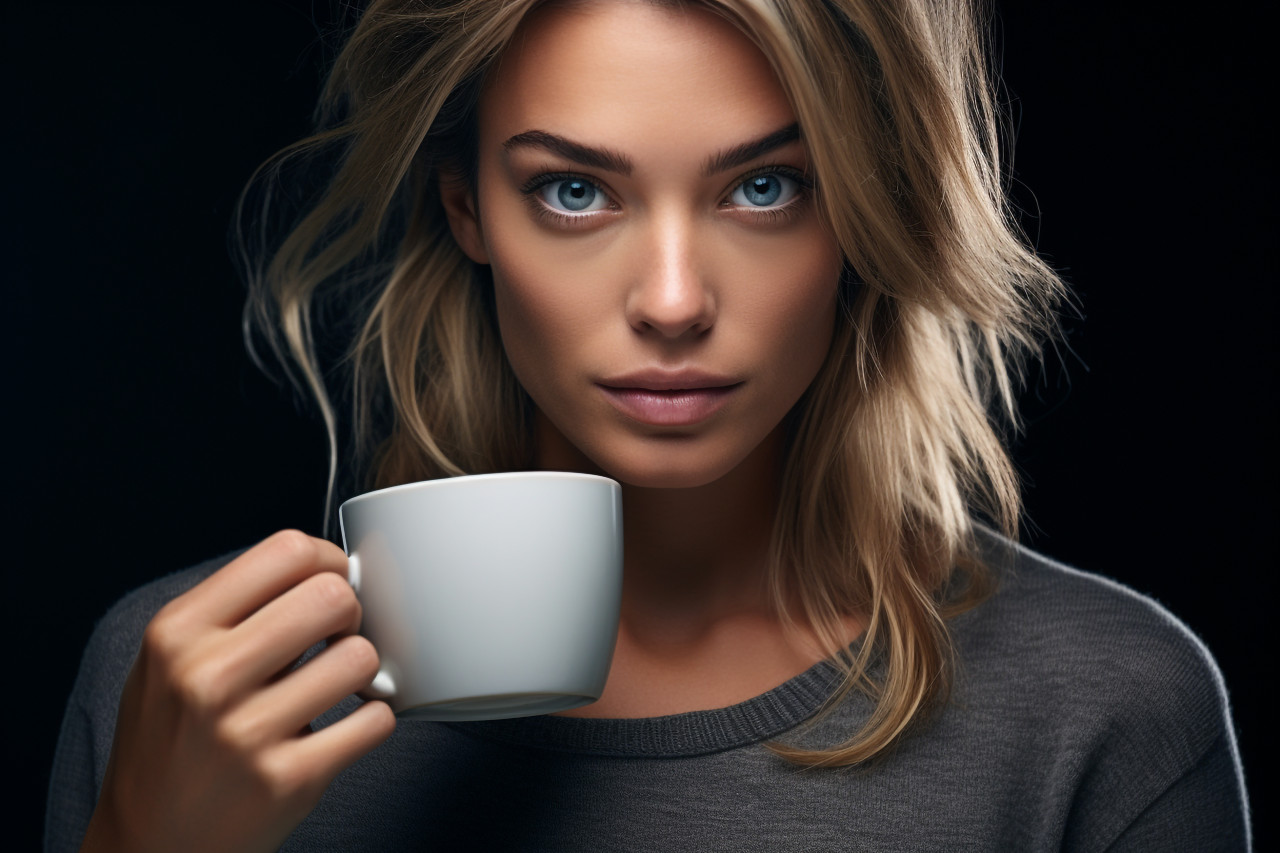 A picture of a pretty woman holding a cup of tea or coffee, food and drink at home photo