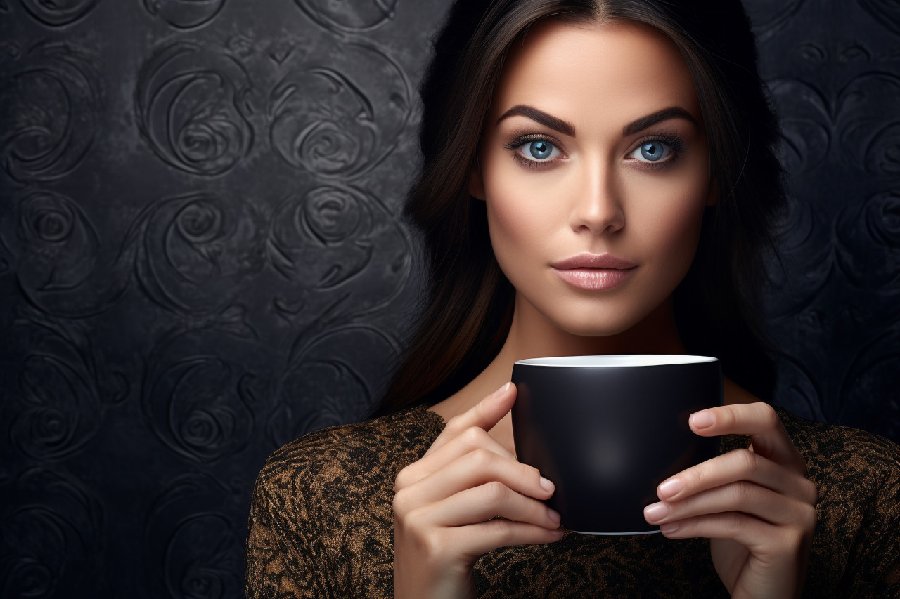 A picture of a pretty woman holding a cup of tea or coffee, food and drink at home photo