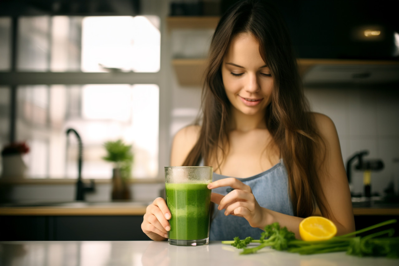 Picture of a young woman having a healthy green drink in the kitchen, food and drink at home image